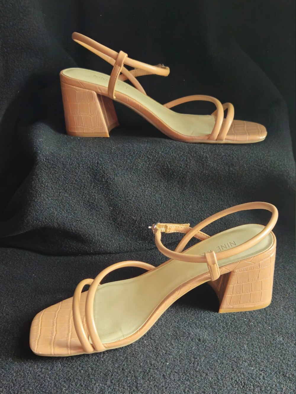 Nine West Tan Grayce Strappy Croc-Textured Block Heel Sandals - Size 7.5